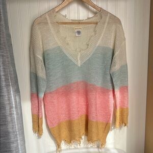 Main Strip Striped V-Neck Sweater in Cream, Blue, Pink & Mustard